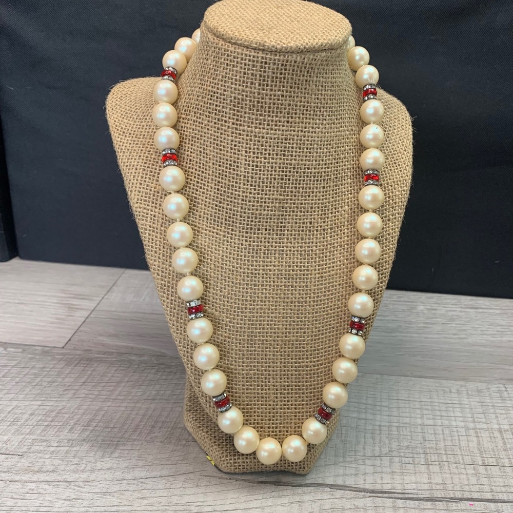 Vintage Faux Pearl Necklace Red Rondelle Rhinestone Spacer 22 Inch Clasp